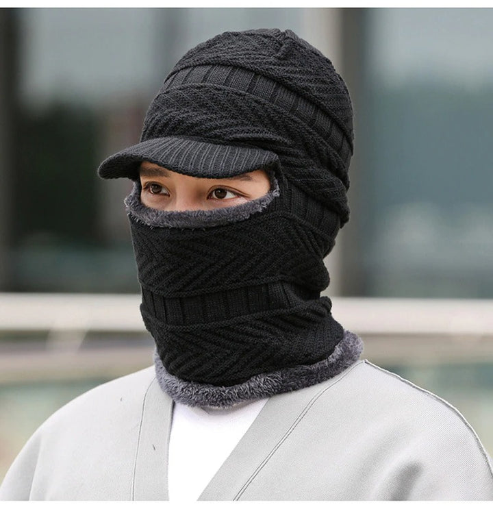 Indulge in the comfort of this balaclava beanie visor hat designed for men, featuring warm velvet, thickened soft wool, and a textured finish for a stylish and cozy winter accessory
