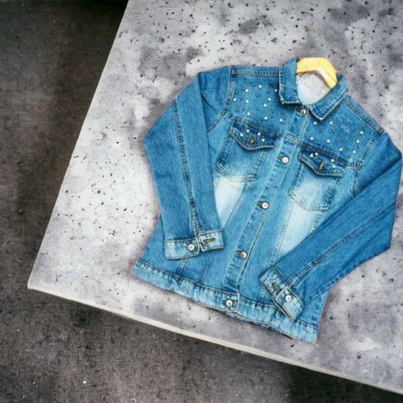 Premium Stylish Denim Jacket Adorned with High-Quality Pearls for Women