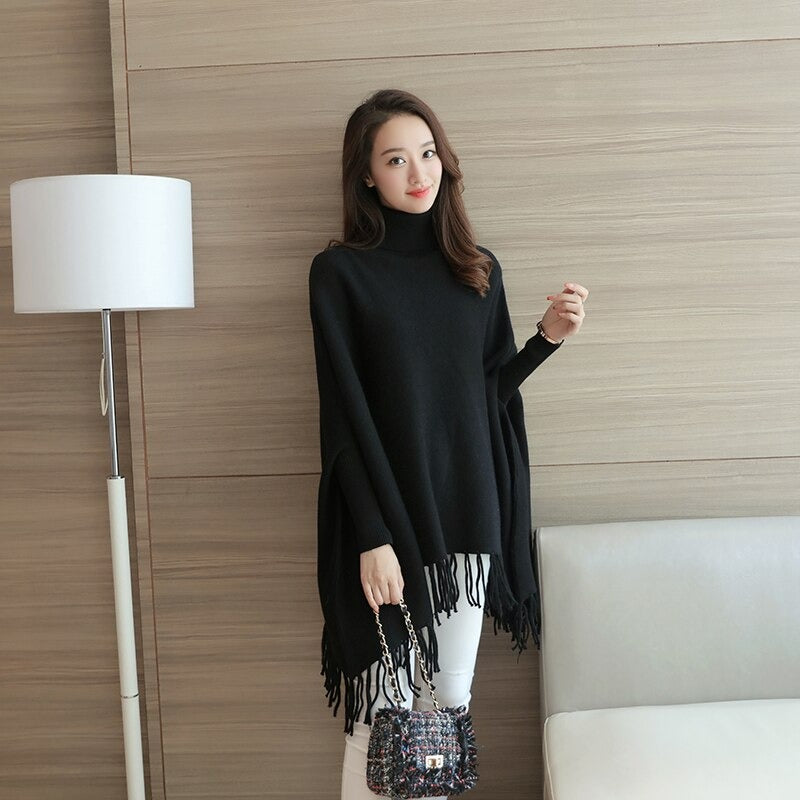 Elegant Solid-Colored Women's Poncho Coat with Irregular Tassel Detail and Pullover Design