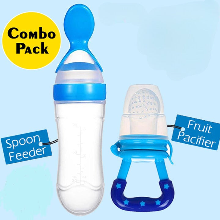 Baby Spoon Feeder equipped with a silicone bottle for seamless feeding, accompanied by a complimentary Fruit Pacifier designed for toddlers.