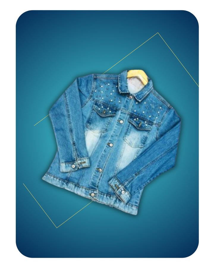Premium Stylish Denim Jacket Adorned with High-Quality Pearls for Women