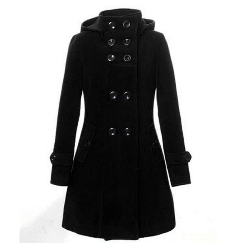 Stylish Hooded Double-Breasted Trench Wool Coat for Women – Long Winter Outerwear