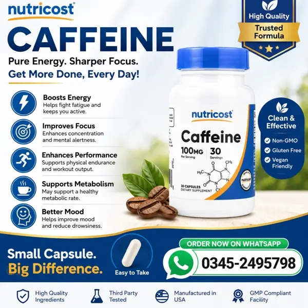 Nutricost Caffeine 100mg 30 Capsules in Pakistan